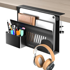 Litwaro Desk Side Storage, No Drill Laptop Holder with Magnetic Pen Holder, Under Desk Laptop Mount with Sticky Headphone Holder, Hanging Desks Organizer Fits Flat Edges 0.4" to 2" (Black)